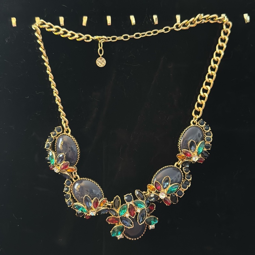 Talbots gold chunky necklace gemstones navy green red adjustable choker